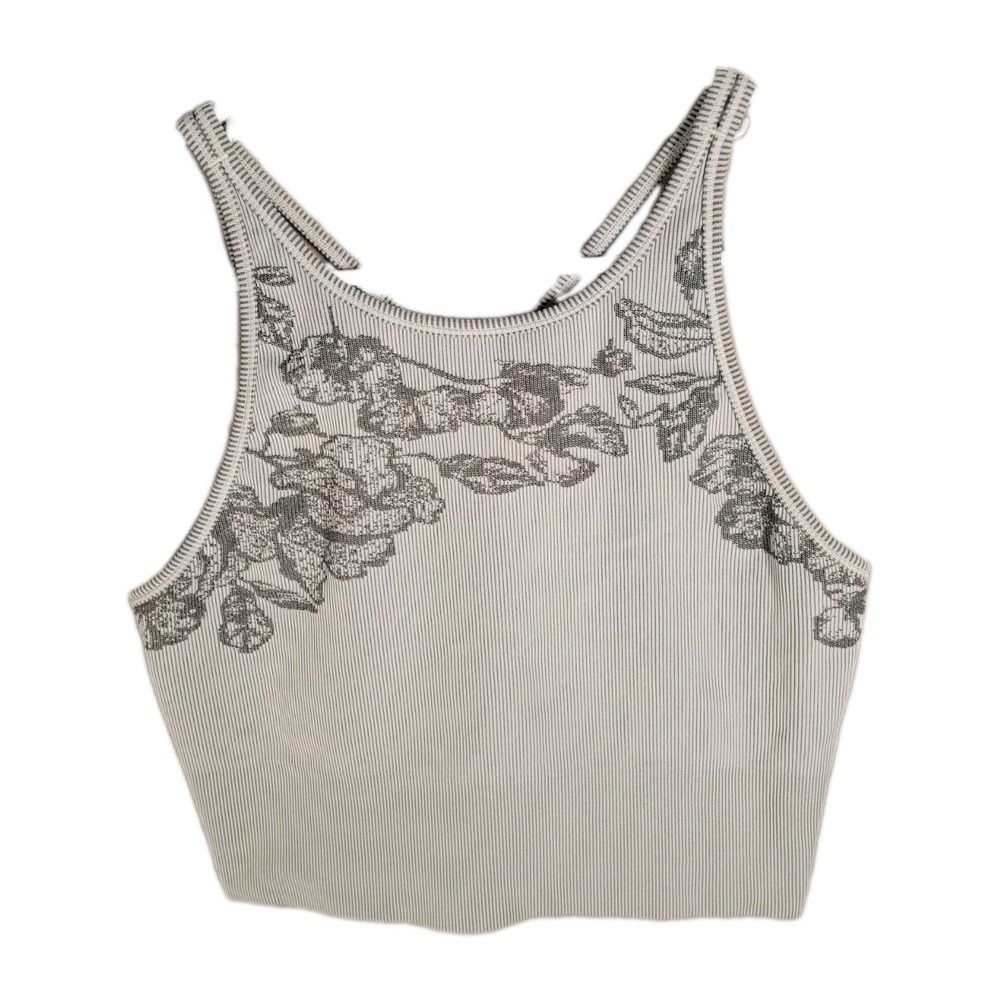 Athleta Crop Tank Top Womens Size M Gray Floral Seamless Ribbed Workout Gymcore